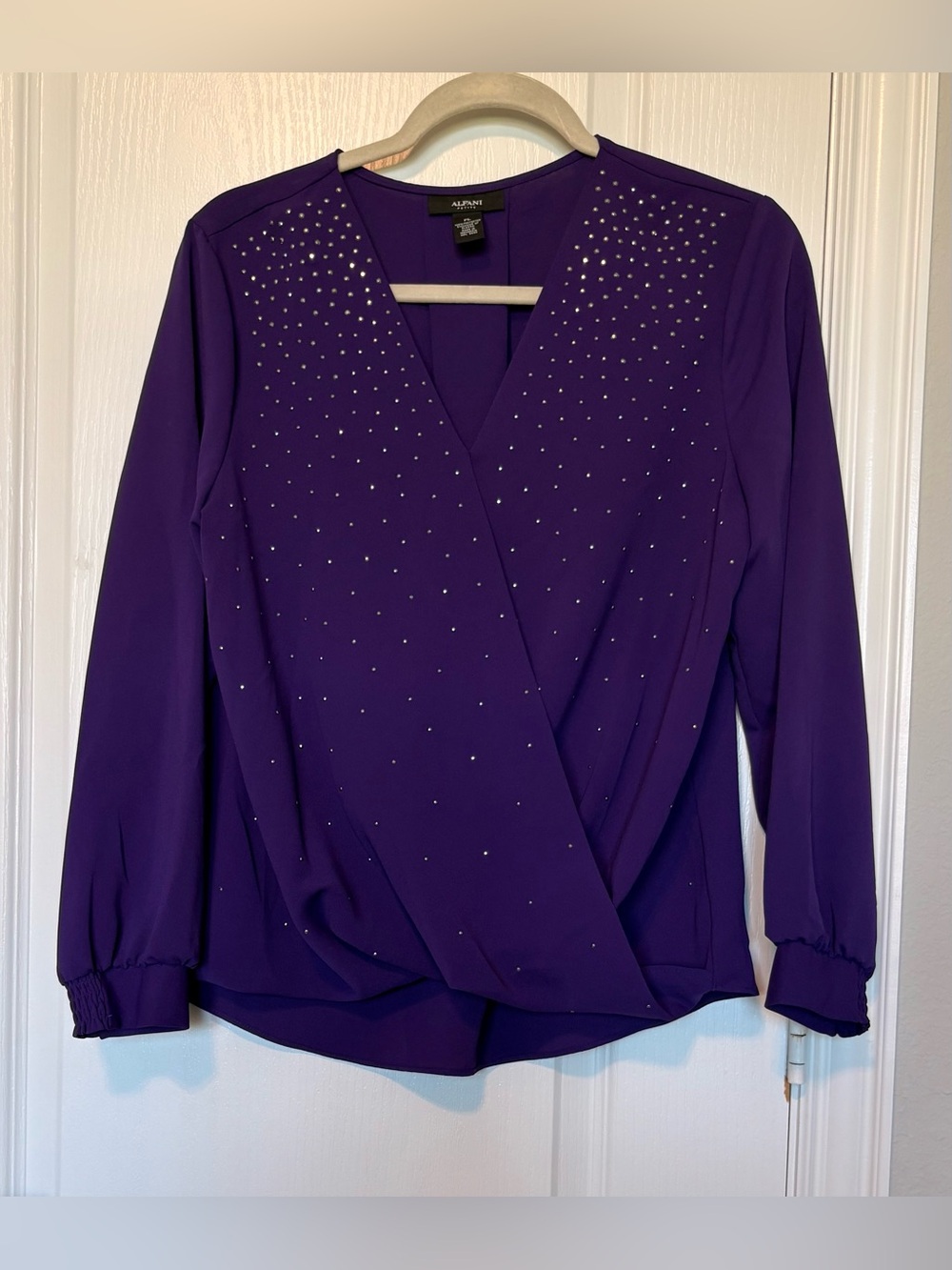 Alfani Purple Long Sleeve Wrap-Front Top with Rhinestone Accents
